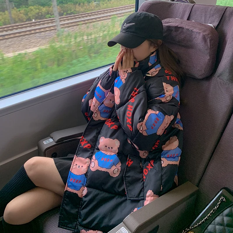 Winter Cute Bear Full Print Loose Warm Jacket Hooded Street Casual Long Sleeve Zip Cardigan Kawaii Sweet Woman Coat 2022 New