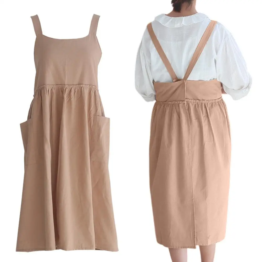 

Women Cotton Apron Skin-friendly Breathable Waterproof Cross Back Apron With Pockets For Cooking Gardening