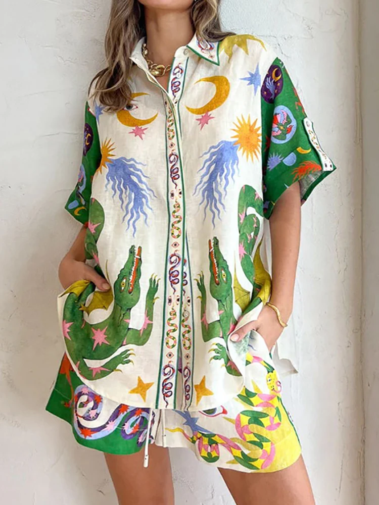 

New Summer Women Loungewear Two Pieces Matching Sets Print Fashion Turn-Down Collar Cardigan Top Shorts Ladies Outfit Streetwear