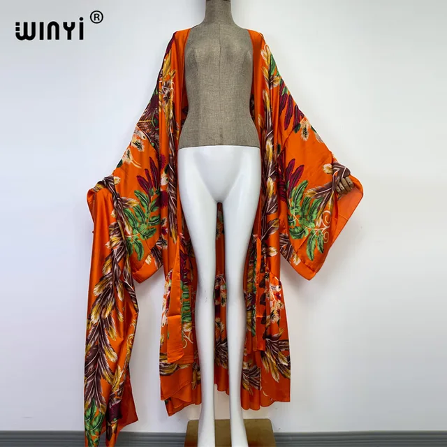 2022 WINYI Middle East Daily prom dress Positioning printing Self Belted Women Summer Clothing Kimono Dress Beach Wear Cover Up 3