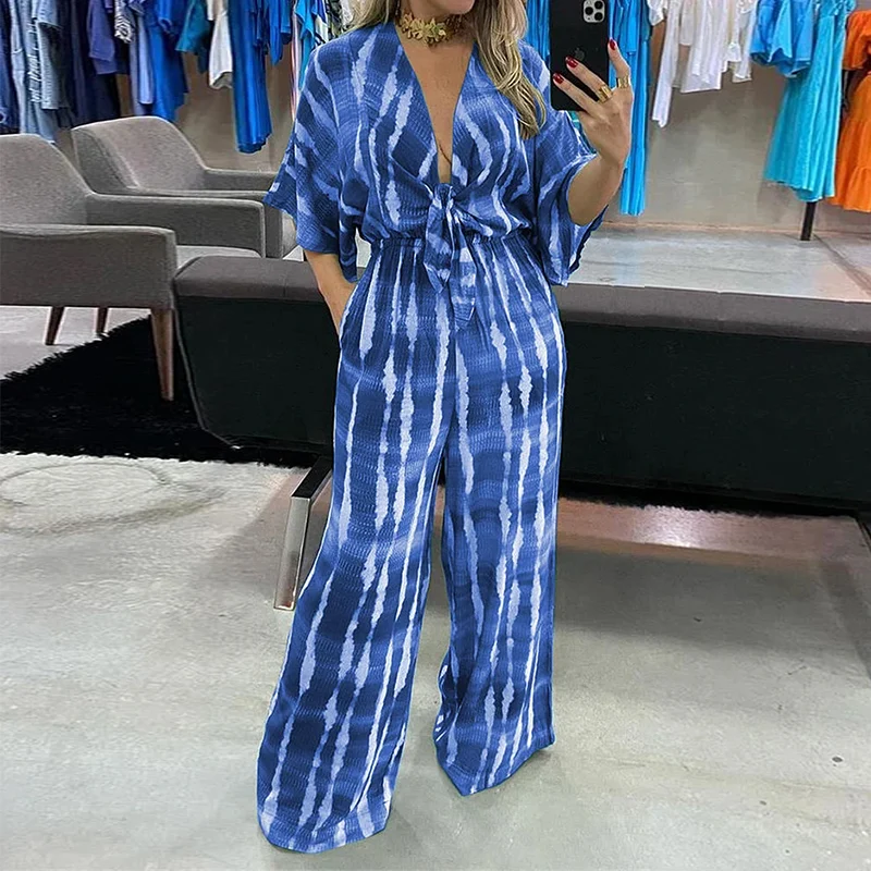 2023 Women Jumpsuit Dolman Sleeves V Neck Lace Up Nipped Waist Printing Loose Wide Legs Casual Pants Romper High Streetwear