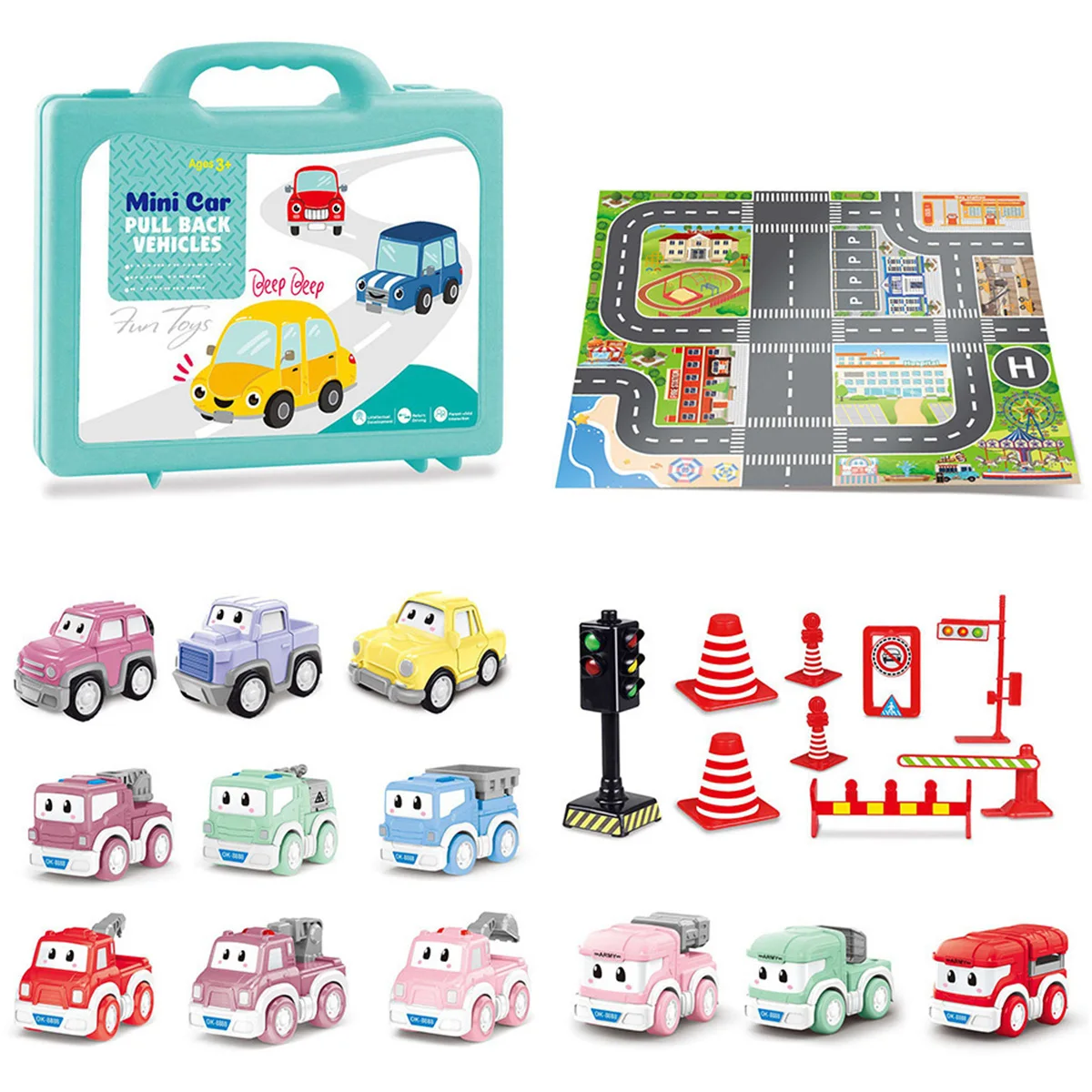 

Kids Cars Toy Set Early Educational Road Traffic Play Mat Parent-children Interaction Puzzle Back Vehicles Anti-Slip Play Car