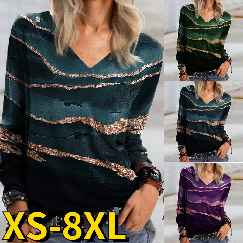 

2022 New Oversized Women T-Shirt Autumn Fashion Casual Long Sleeve Loose Size Tops Ladies 3D Print Tee Everyday V-neck Tops