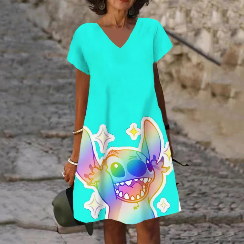 

Женские летние платья-трапеции с V-образным вырезом и принтом в стиле Диснея, женское пляжное платье с коротким рукавом, повседневные платья до колен в стиле Харадзюку