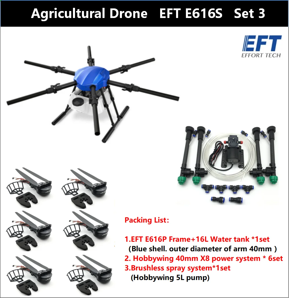 

EFT E616S 16L Agricultural spraying drone E616 616S 16KG folding wheelbase frame brushless water pump spray X8 power system kit