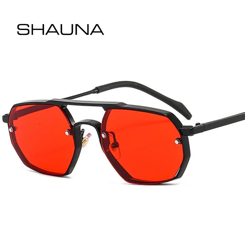 SHAUNA Retro Polygon Square Metal Sunglasses Women Fashion Rivets Decoration Clear Red Yellow Shades UV400 Men Punk Sun Glasses