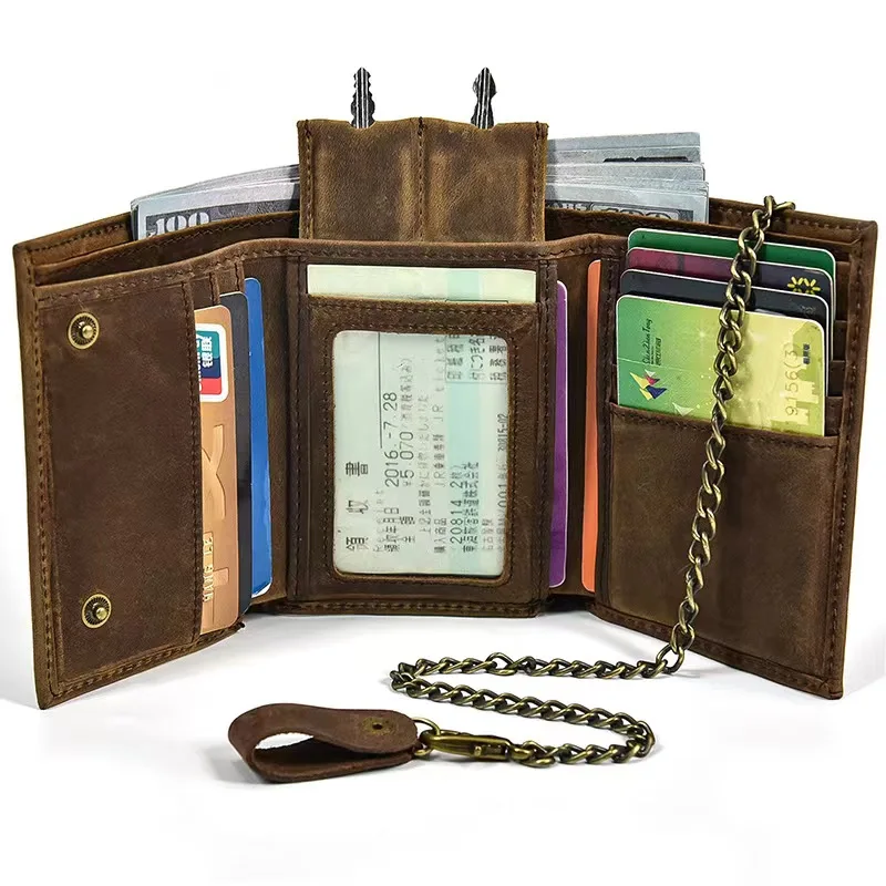 

Crazy Horse Leather Wallet for Men with Anti-theft Chain Trifold Male Clutch Money Bag Luxury Small Coin Purse with Key Holder
