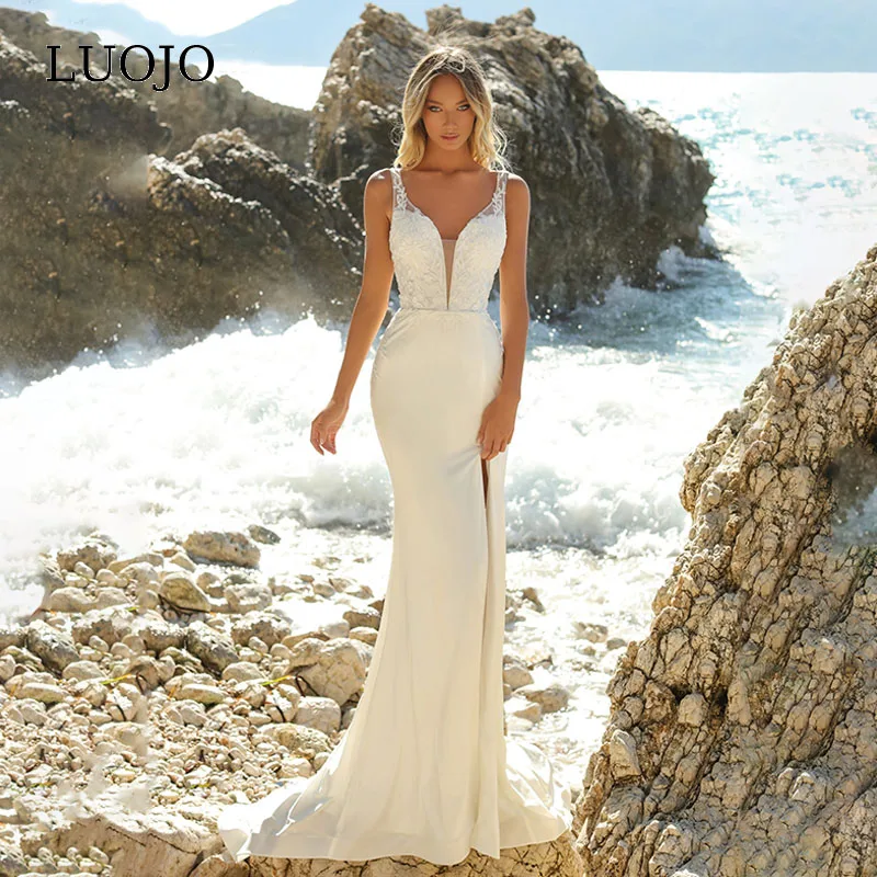 

LUOJO Vestidos De Novia Charming 2022Wedding Dress Mermaid V-neck Backless Sleeveless Appliques Tea-length Bridal Gown For Women