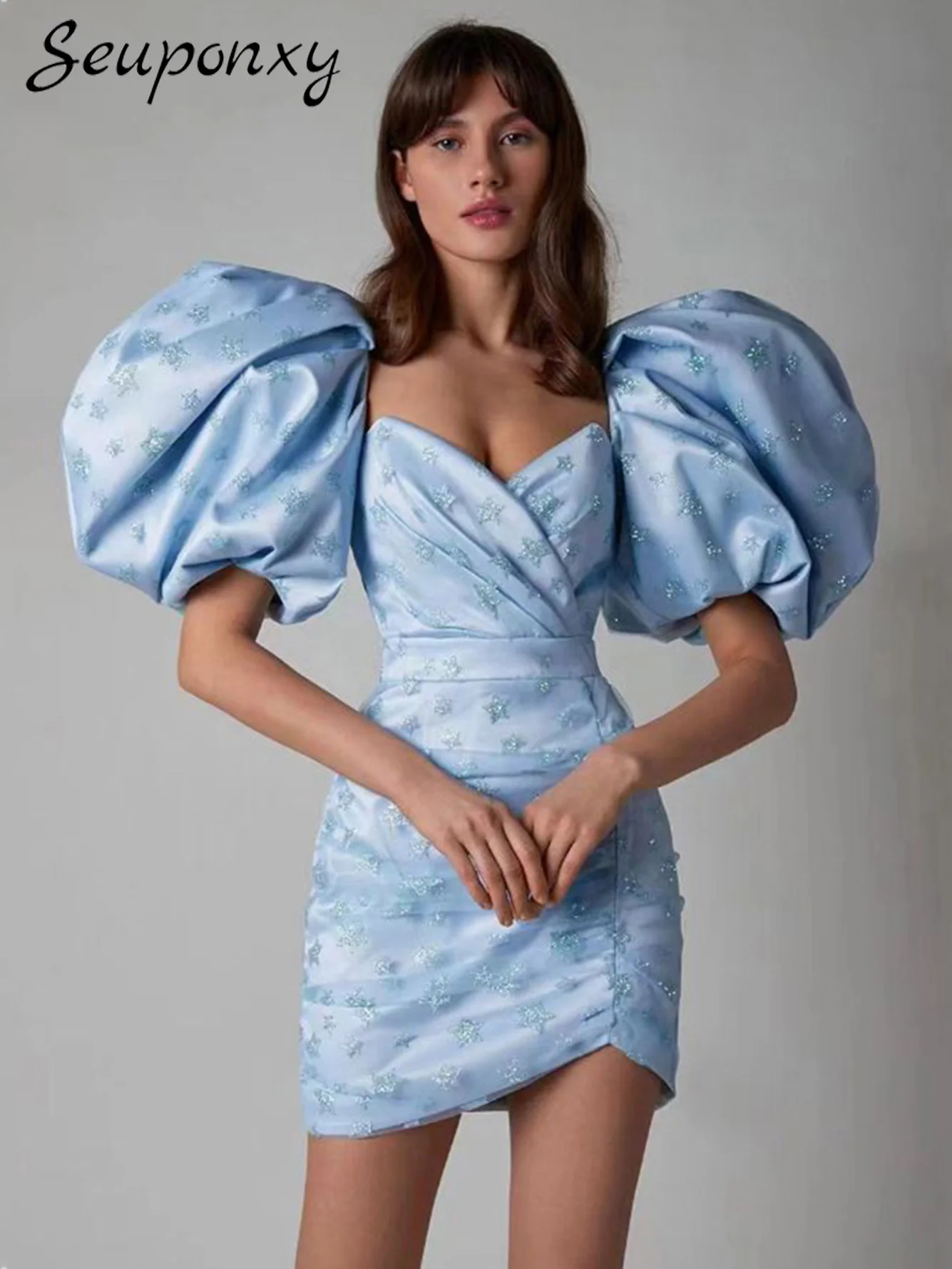 

Женское мини-платье с V-образным вырезом, Сетчатое облегающее платье с пышными рукавами и пентаграммой, элегантное вечернее праздничное платье небесно-голубого цвета, лето 2022