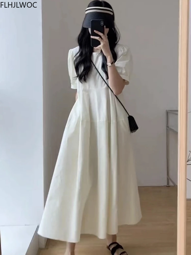 

2022 длинные летние платья, новый дизайн, женское винтажное однотонное платье Flhjlwoc в корейском и японском стиле, милые повседневные праздничн...