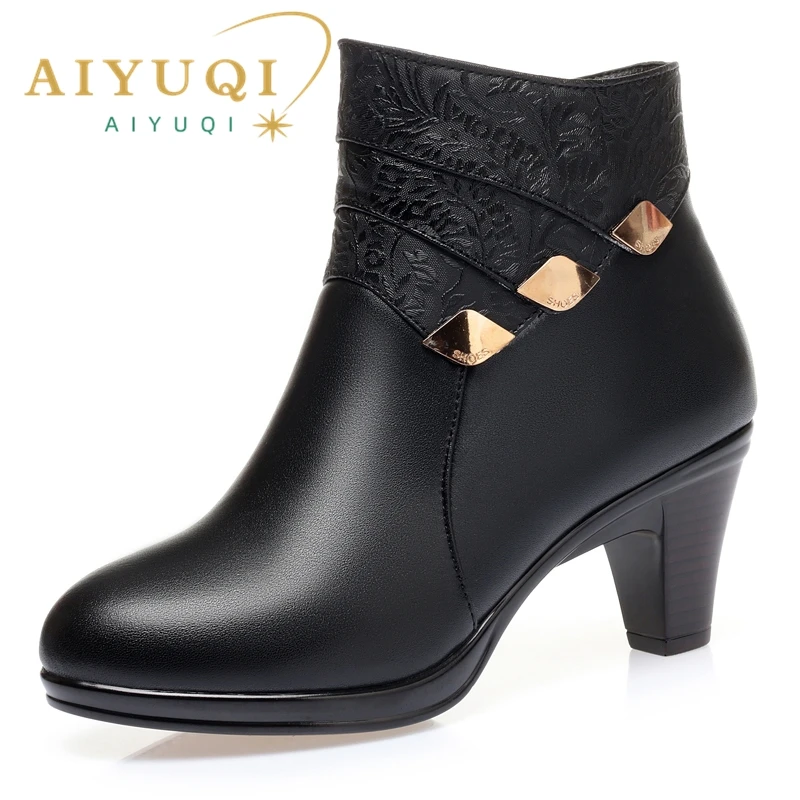 AIYUQI Women's Winter Boots 2023 New Genuine Leather Dress Women Boots Fashion Mid-heel Wool Warm Women's Ankle Boots