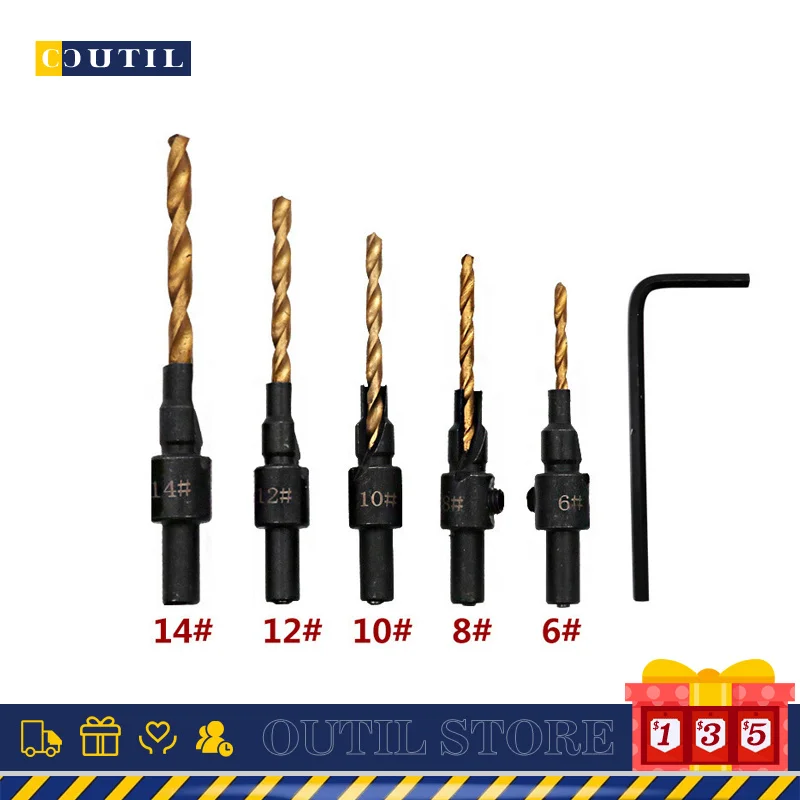 

5pcs/set 1/4 Inch Round Handle Titanium-plated Taper Hole Drill HSS Wood Board Hole Opener Reaming Countersunk Head Chamferer