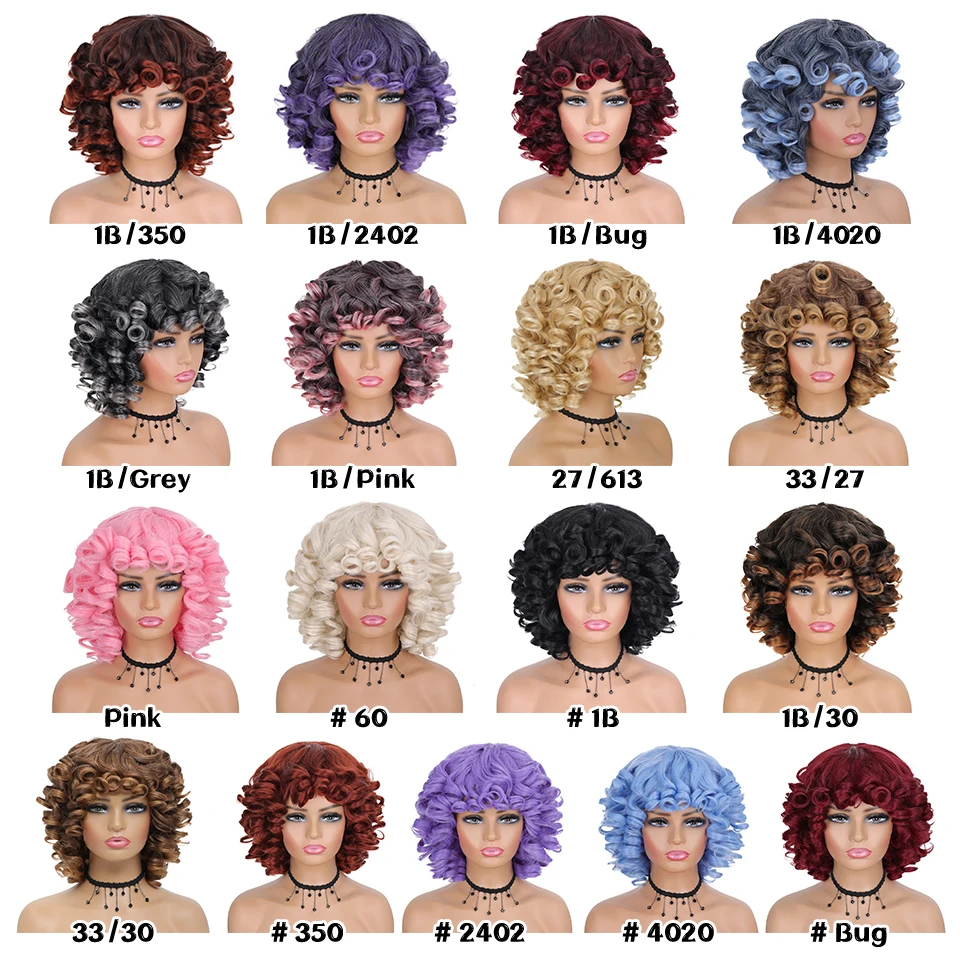 Short Hair Afro Kinky Curly Wigs With Bangs For Black Women Natural Synthetic Ombre Glueless Blonde Red Cosplay Bob Wigs FELEK