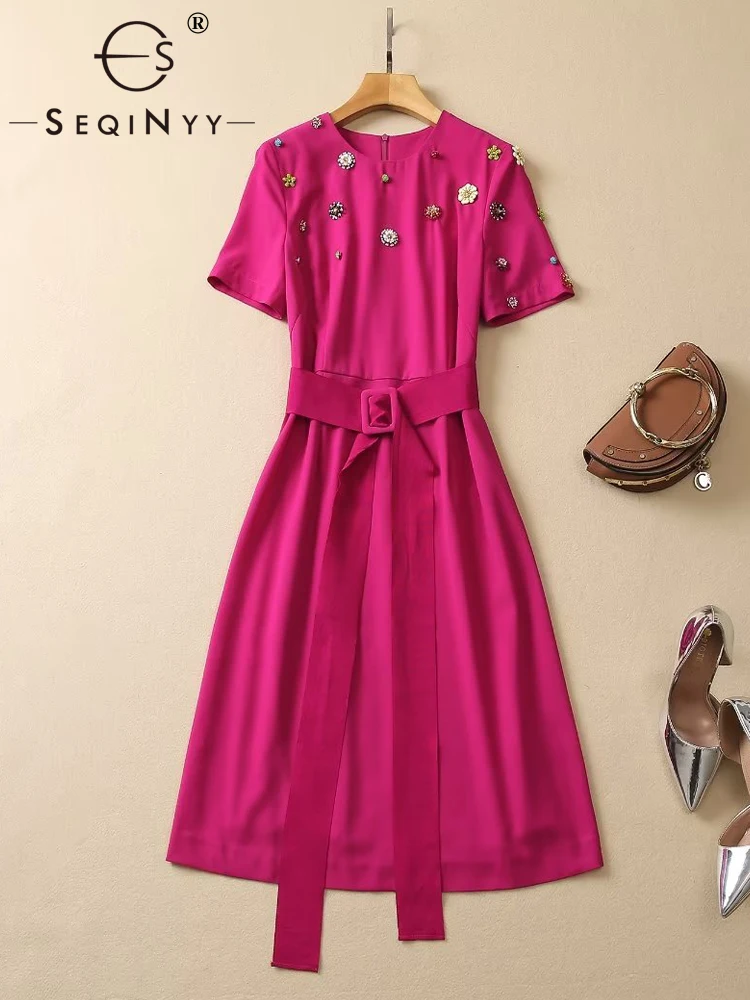 

Женское Повседневное Платье До Колена SEQINYY, модельное офисное платье с коротким рукавом и пуговицами, с бисером, в стиле High Street, весна-лето