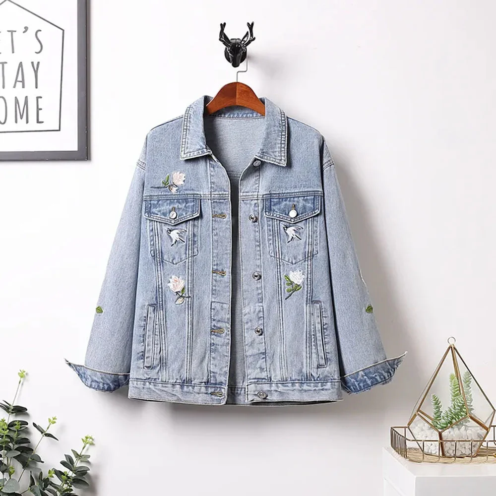 

Plus Size 4Xl 5Xl Women's Jeans Jackets Flower Embroidery Short Denim Jacket Blue Bomber Jeans Jackets Jaqueta Casual Denim Coat