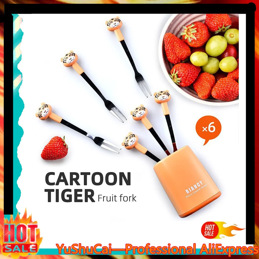 

6 in1 Cartoon Stainless Steel Fruit Fork Restaurant Dessert Cake Fork for Kids Camping Tableware Set Bento Accessories
