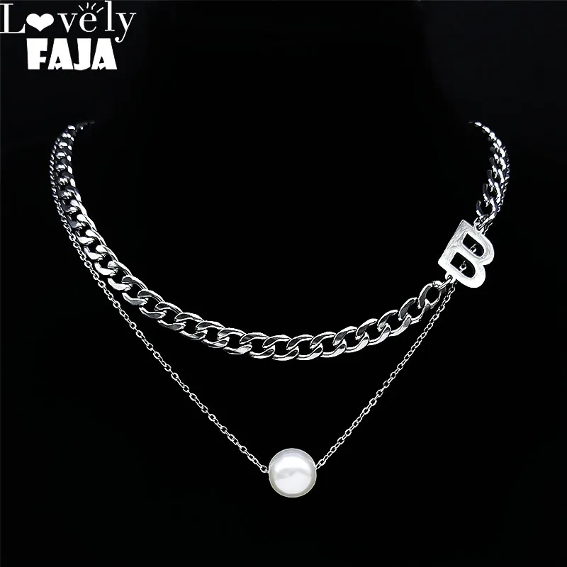 

Hip Hop Layered Initial Choker Necklace Imitation Pearls Stainless Steel Letter Cuban Link Chain Necklace Charm Jewelry NXH88S03