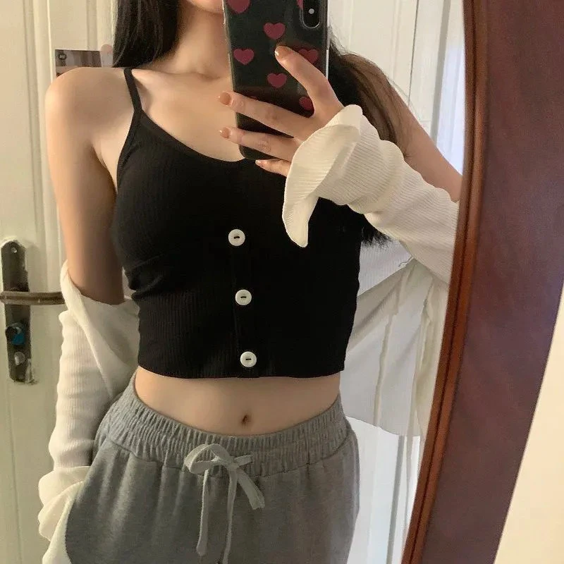 

Women Clothing Summer Polyester Knitted Sling Vest Solid Color Sleeveless V-neck Backless Button Camisole