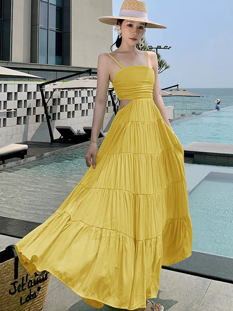

Ladies Sexy Spaghetti Strap Hollow Out Waist Long Dress For Women's Beach Vacation Solid Summer Dresses Robe Female Clothing