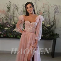 haowen elegant plus size long sleeves tulle sequins vestidos de fiesta sexy side split prom party evening dresses robe de
