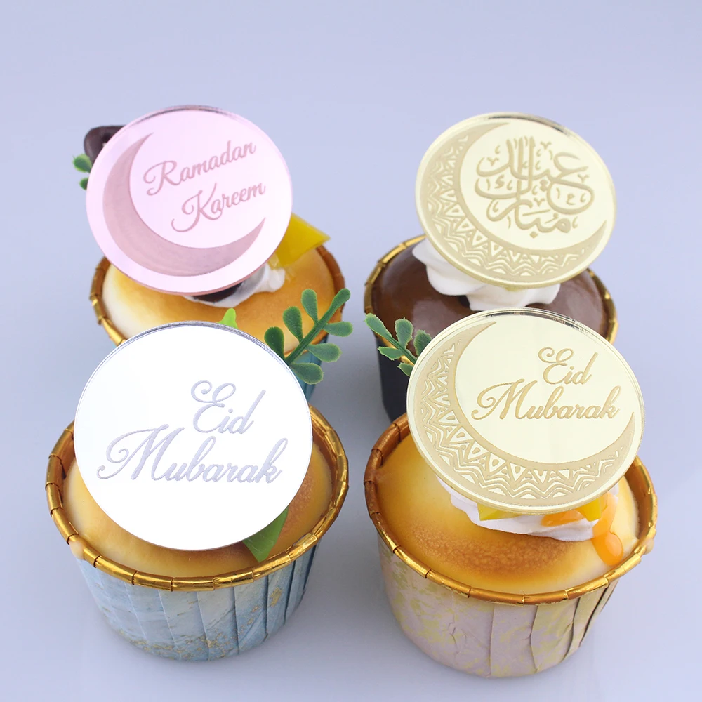 12pcs Eid Mubarak Acrylic Cupcake Topper Gold Ramadan Kareem Cake Topper Islamic Muslim Festival Party Cake DIY Decoration Favor