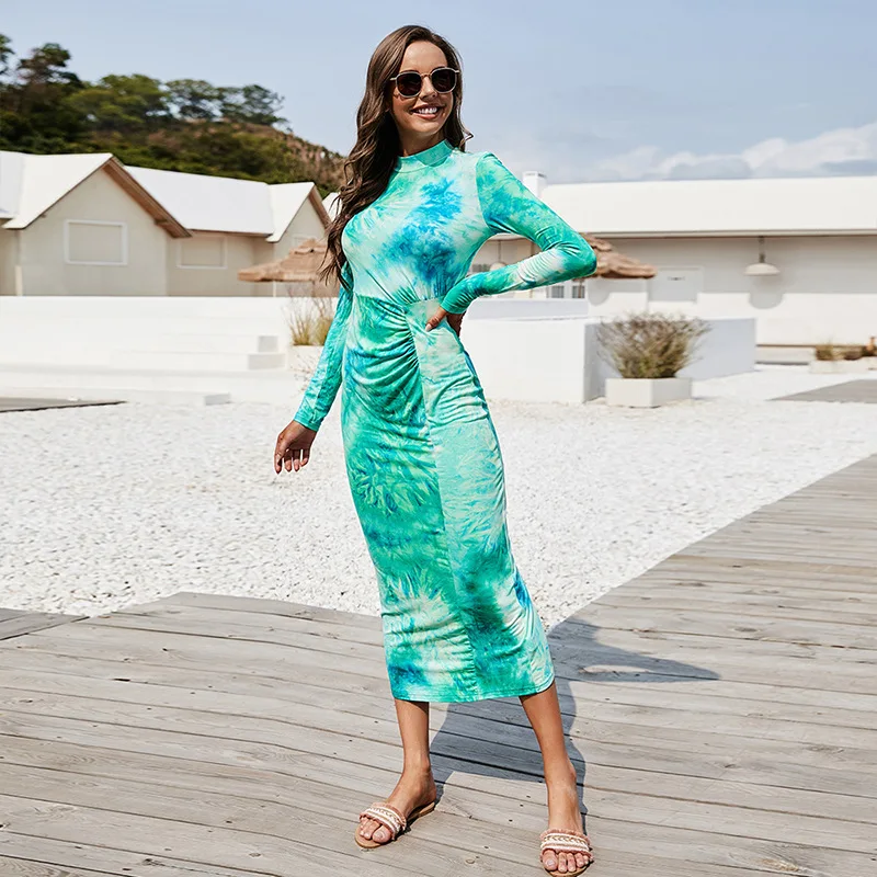 

CYDNEE Fashion Tie-dye Printed Hip-lifting Dress Autumn New Style Women's Half-high Collar Long-sleeved Slim Stretch Dresses