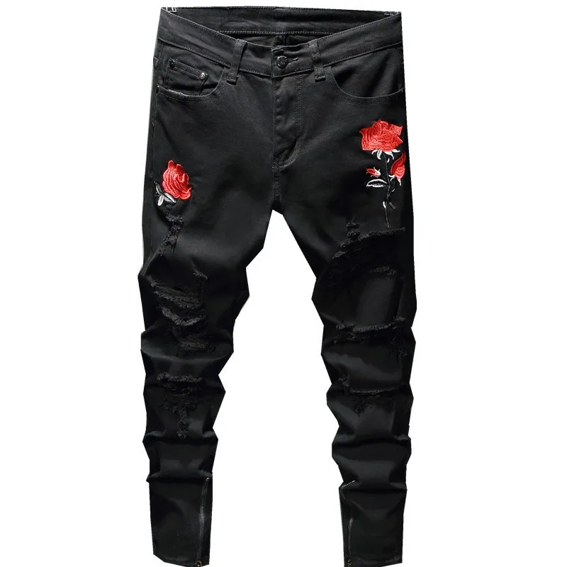 

Мужские Модные джинсы, уличная одежда, мотоциклетные зауженные джинсы calca rock с вышивкой