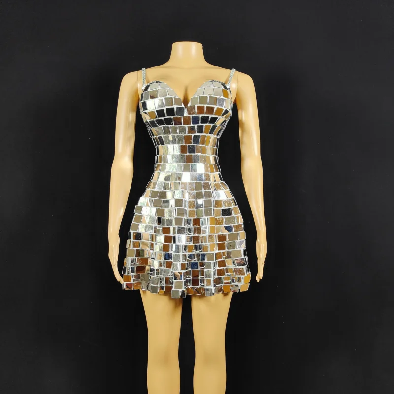 

Shining Silver Mirrors Outfit Party Sexy Costume Dancer Performance Show Sleeveless Dress Evening Birthday Celebrate