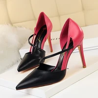 large size womens pumps high heels shallow mouth pointed end color matching hollow out one line belt slim single shoes