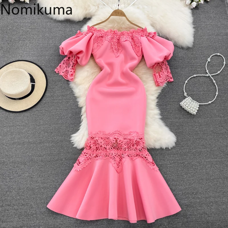 

Nomikuma Vestidos Elegantes Para Mujer Lace Patchwork Slash Neck Puff Sleeve Chic Robe Femme Vintage Fashion Dress for Women
