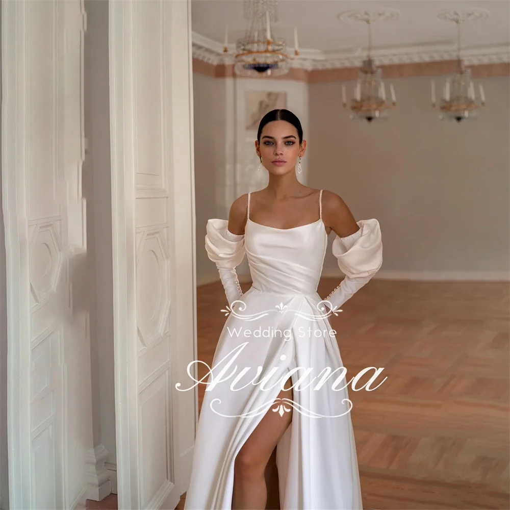 Фото Aviana индивидуальное свадебное платье с открытыми плечами и пышными рукавами из атласной ткани с высоким разрезом и длинным шлейфом, элегантное роскошное официальное платье ручной работы 2025 №2