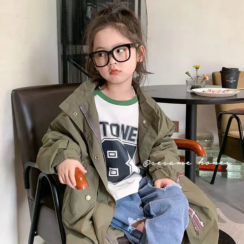 

Куртка для девочек, ветрозащитная верхняя одежда, хлопковая 2023 зеленая весенне-осенняя Высококачественная ветрозащитная детская одежда