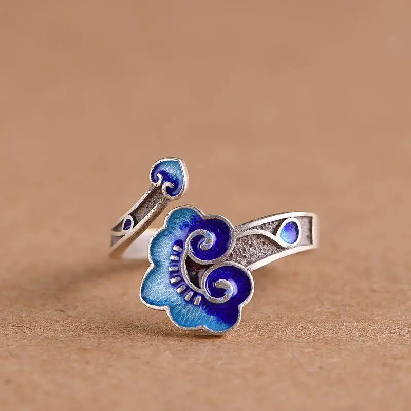 

Винтажное кольцо из серебра S925 пробы, серебряное кольцо с синим горением Ruyi, маленькое женское кольцо из перегородчатого старого серебра, Открытое кольцо
