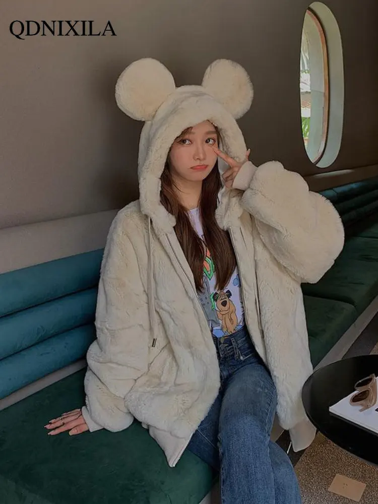 Winter Jacket Women 2022 Faux Fur Coat New Outerwear Cute Bear Ears Plush Warm Hood Loose Coats Women's Jacket for Women