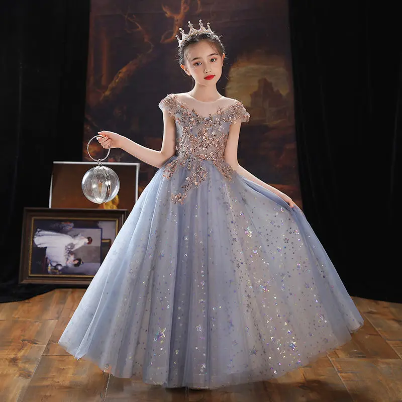 

2022 Summer Kids Girls New Bridesmaid Costume Party Print Wedding Dress Children Clothing Elegant O-neck Princess Dresses L47