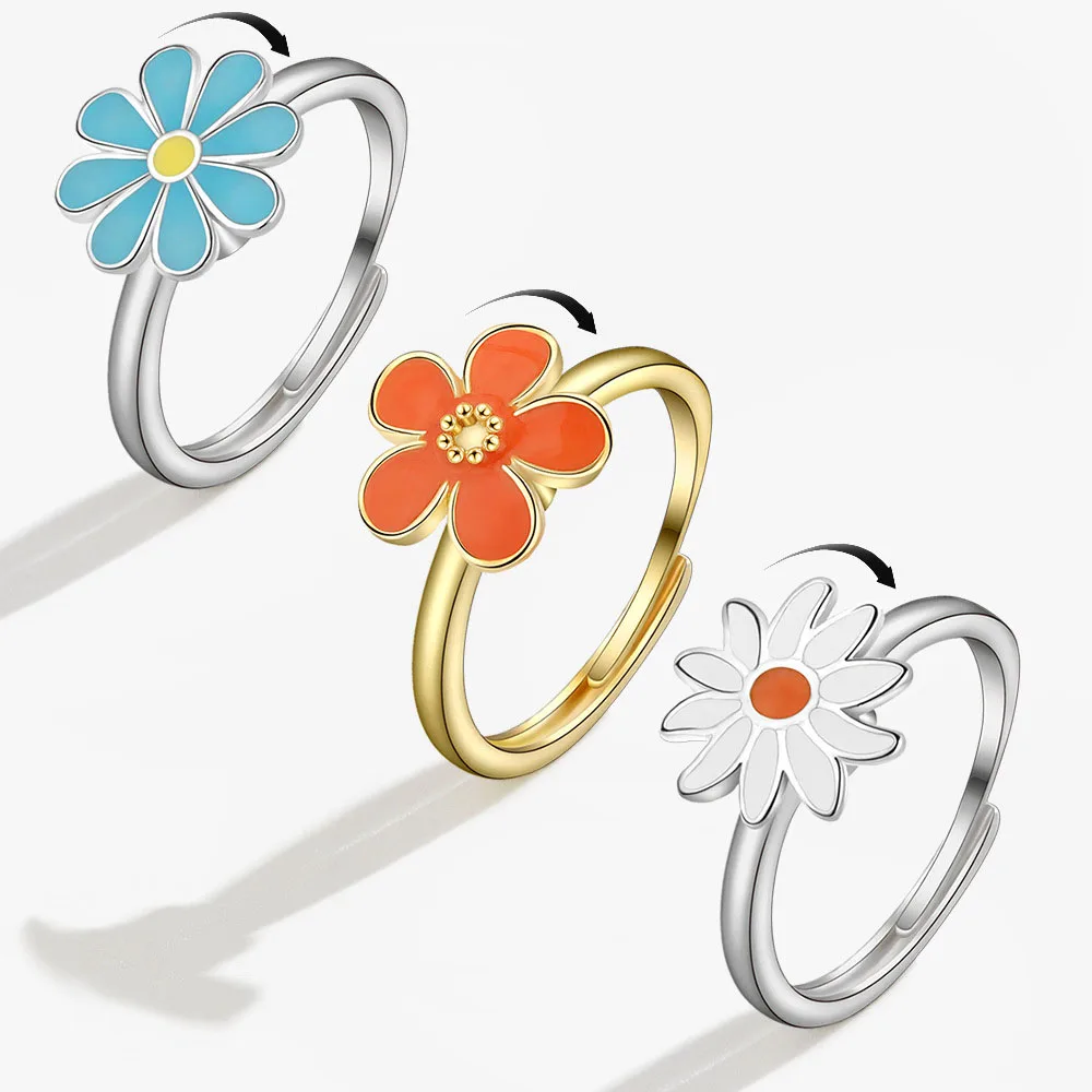 

Trendy Silver Adjustable Rings for Women Sun Flower Daisy Shape Distressed Rotatable Handmade Anillos Fine Jewelry Accessories