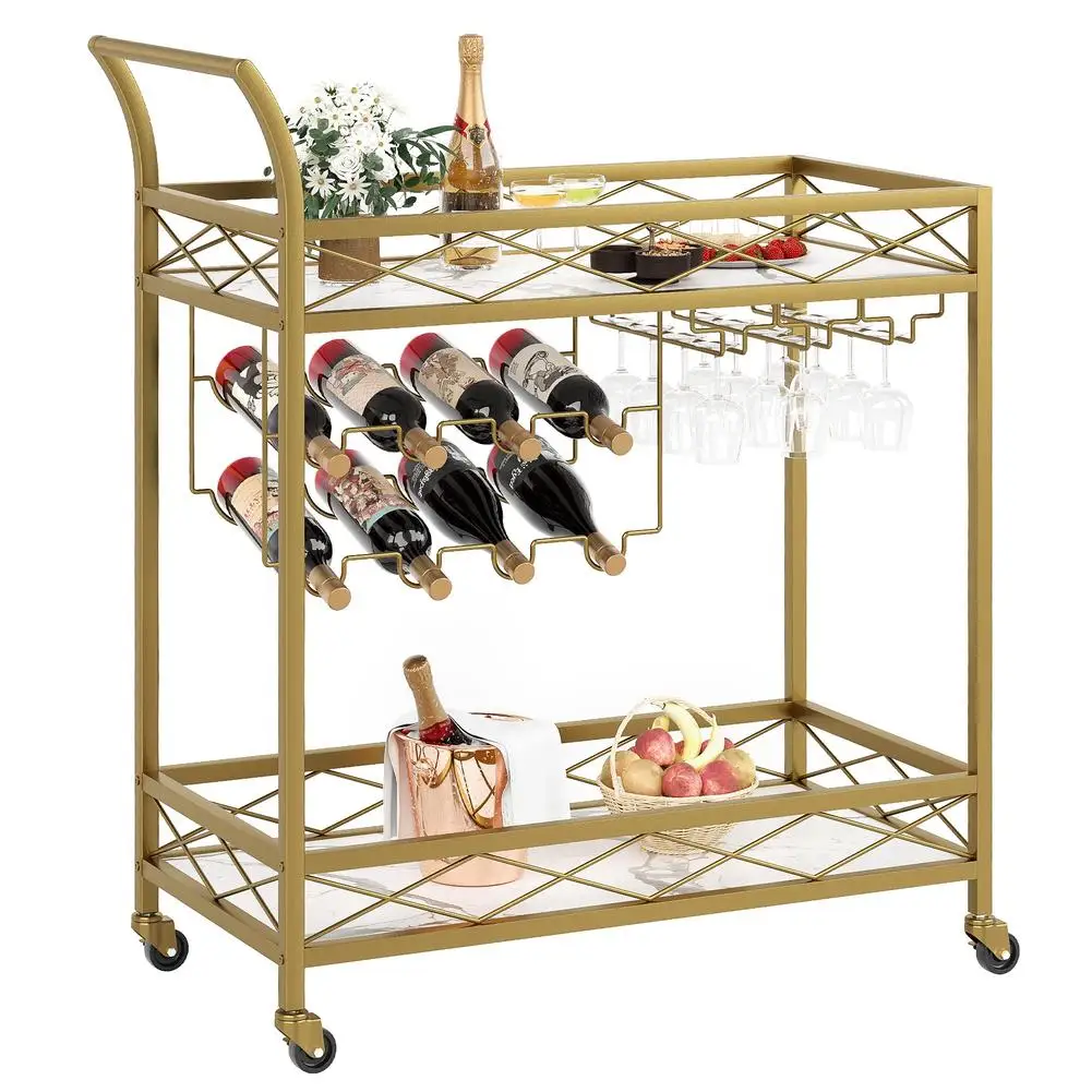 

Gold Bar Cart 2 Tier with 4 Wheels White Marble Finish Wood Shelf Wine Rack & Glass Holder for Kitchen Living Room Dining Room