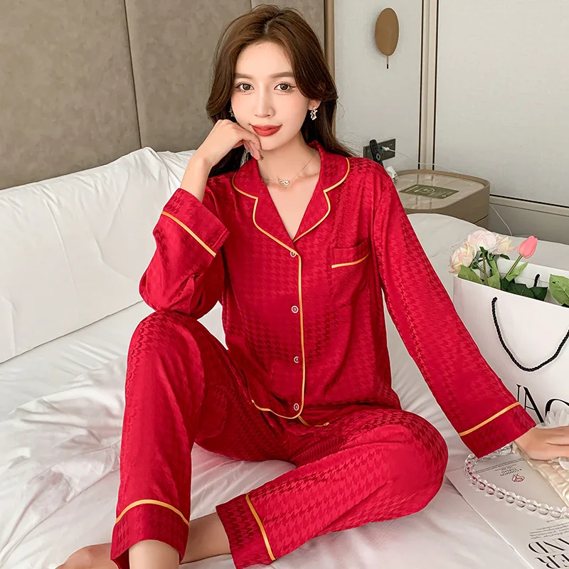 Spring Autumn Women Pajamas Suit Coat Pant Pocket Loose Soft Breathable Long Sleeve Jacquard Plaid Home Wear Summer Thin Pyjama