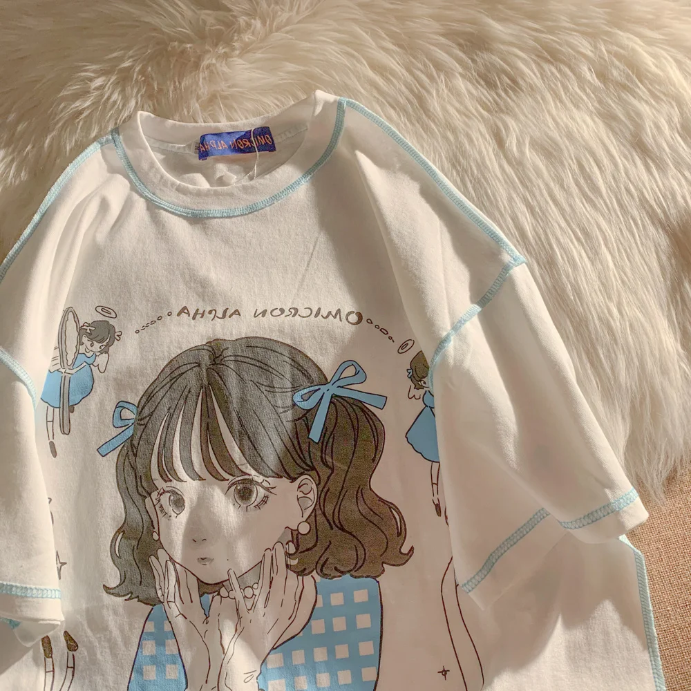 

White Vintage Graphic T Shirt for Women Kawaii Clothes Tshirt Cute Anime Tee Tops Soft Girl Aesthetic Korean Fashion Clothing