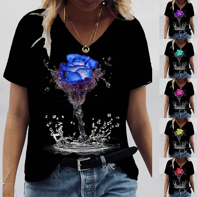 

2022 Summer Women's Fashion Floral Painting Tops Rose Flower Print V Neck Basic Vintage T-shirt 3D Print Plus Size Pullover New