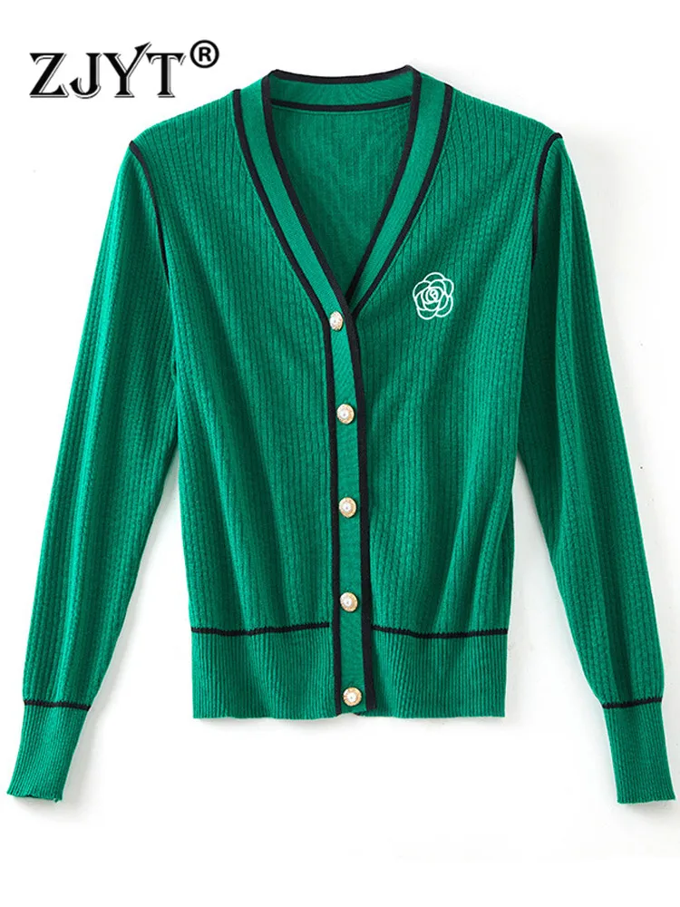 

ZJYT Elegant Autumn Knitted Cargidans Coat Women Korean Fashion Full Sleeve Color Block Sweaters Casual Basics Tops