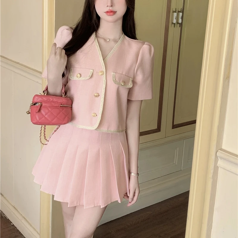 

Vintage Small Fragrant Women Suits Cardigan Jacket + Short Pleated Skirt Two Piece Set 2022 Summer New