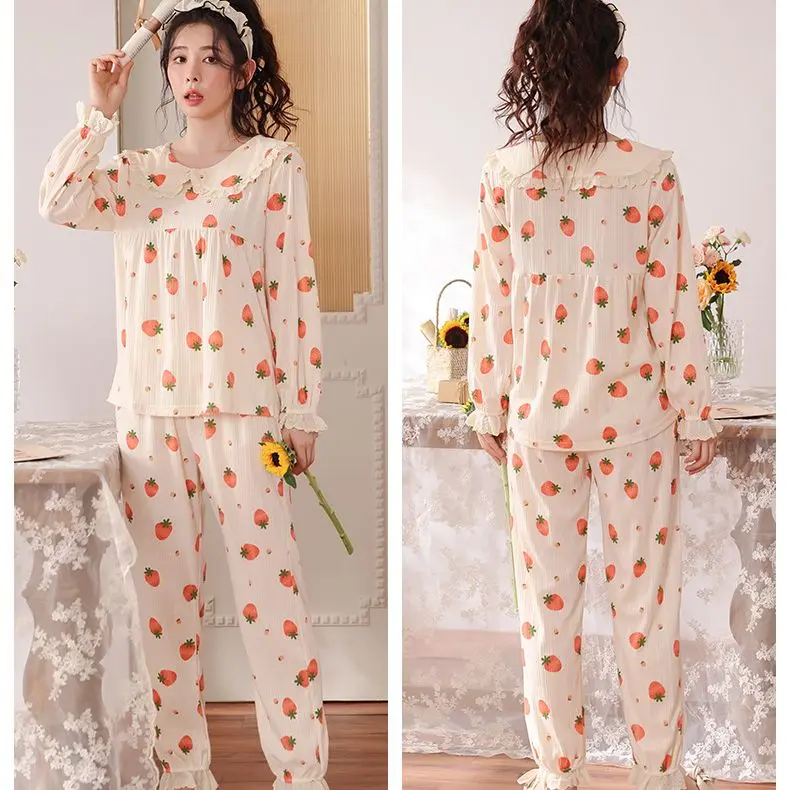 Yasuk Spring Autuum Fashion Women's Casual Print Lace Sleepwear Homewear Lovely Sweet Pajamas With Pants Soft Strawberry
