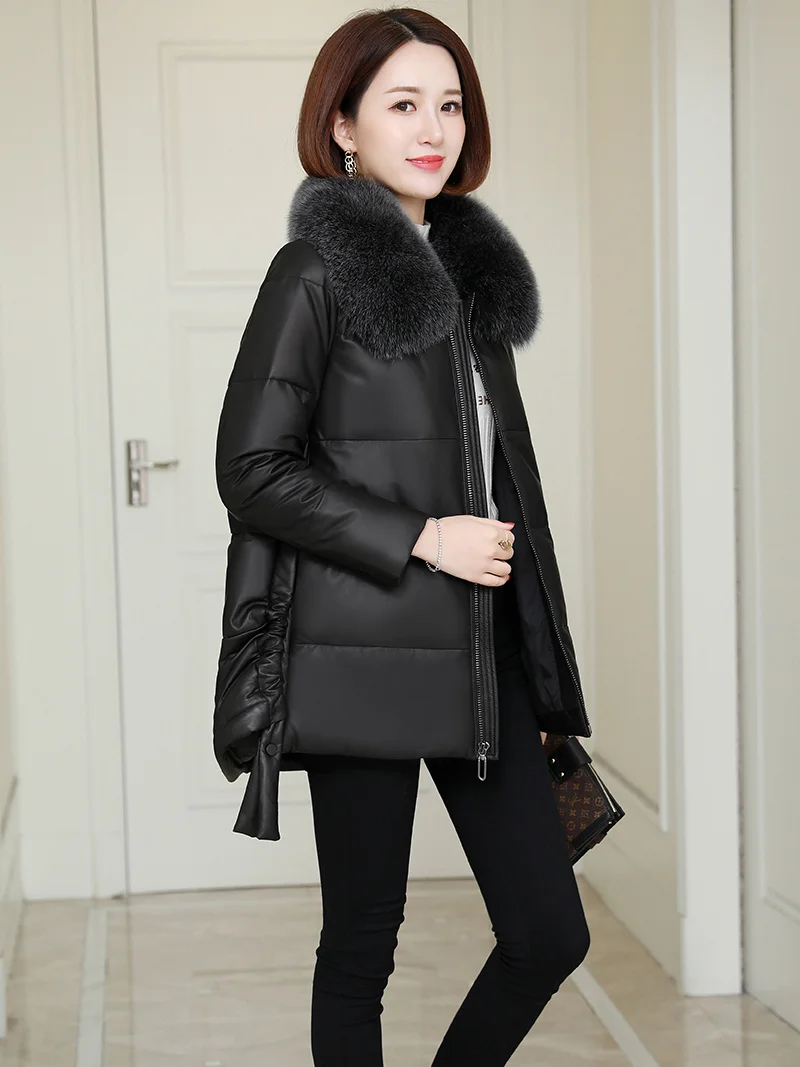 

Sheepskin Women's Leather Jacket Fox Fur Collar Coats and Jackets Women 90% White Duck Down Female Jacket Cuero Genuino Zjt 2023