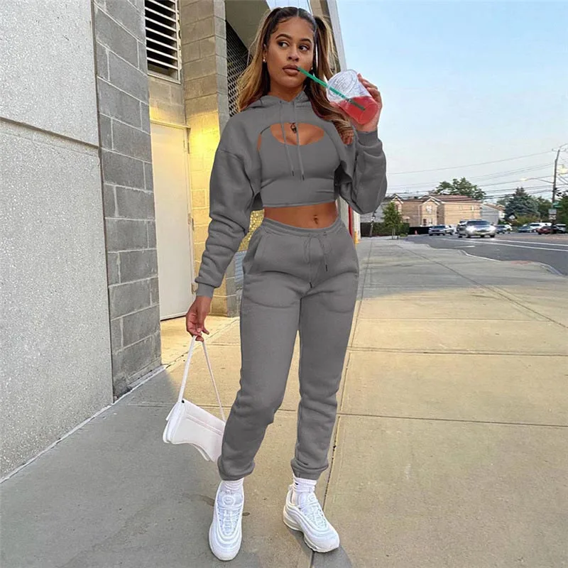 

2021 Winter Solid Pullover Hoodies 2 Piece Pant Set Women Autumn Sexy Long Sleeve Sports Fitness Trouser Outfits Bodycon Female