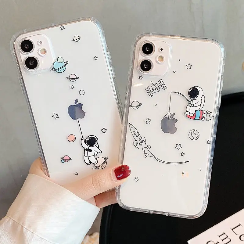 

Fashion Astronaut Transparent Phone Case For iPhone 11 12 13 Pro Max 7 8 Plus XR X XS Max SE 2020 mini Soft Cases Cover