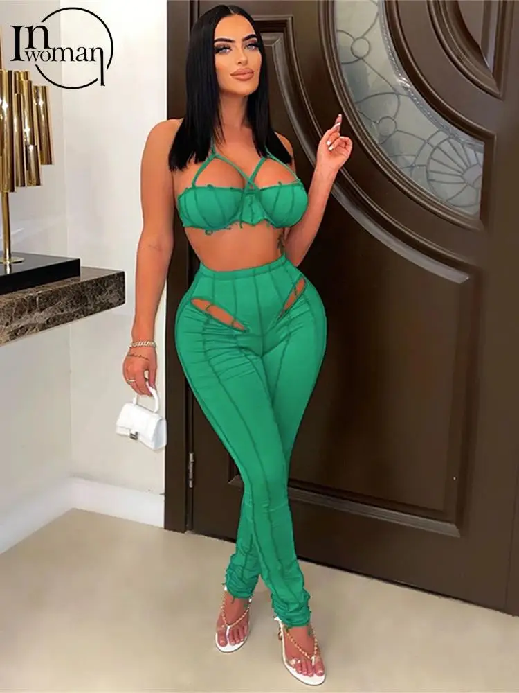 

INWOMAN Summer Sexy 2 Two Piece Set Women Outfits 2022 Sleeveless Halter Crop Top Bodycon Pants Black Matching Sets Female