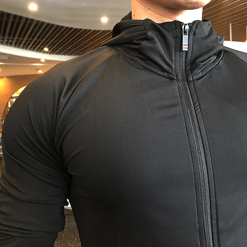 Men Running Training Jackets Loosed Elastic Breathable Hooded Quick Dry Long Sleeve Hoodies Male Basketball Gym Casual Sportwear