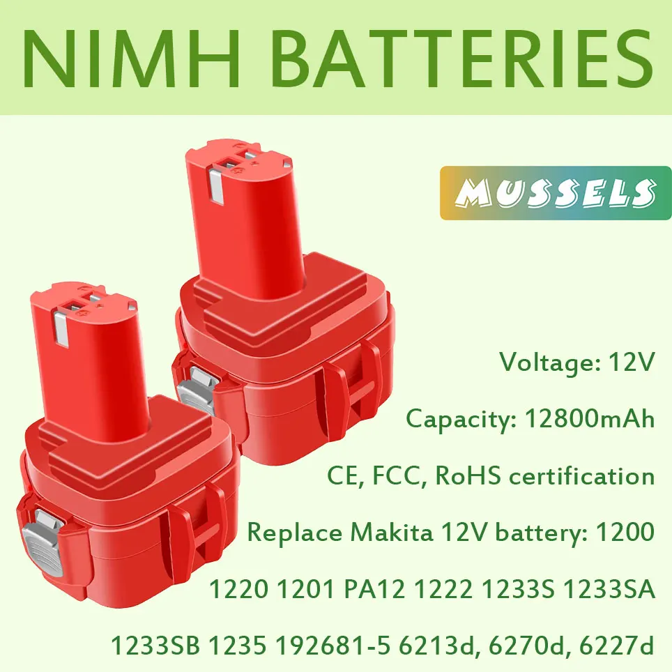 

2022 12V 12800mAhcompatible with Makita 12Vbattery 1220 1222 1233 1200 1201 192598-2 PA12, 6213d 6217d 6227d 6313d, NiMH battery
