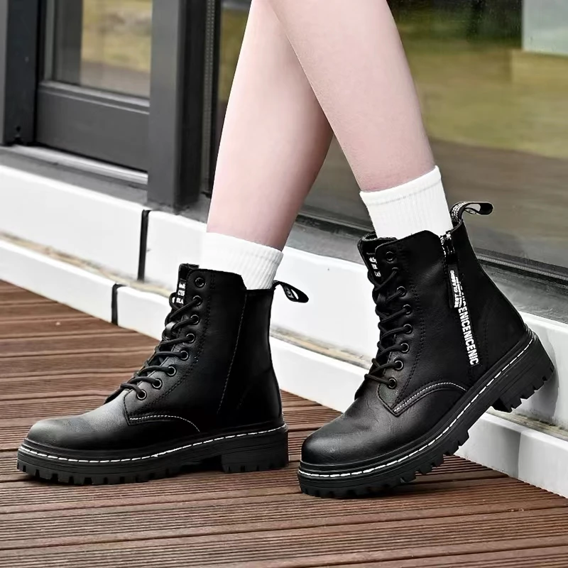 Women's Ladies Genuine Leather Female Shoes Ankle Boots Platform Lace Up Martin-Boots Winter Fur Plush Motorcycle